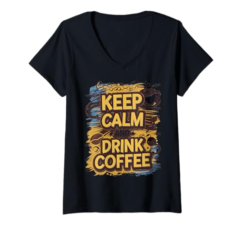 Damen Kaffee Liebhaber Keep Calm be Drink Coffee Koffein T-Shirt mit V-Ausschnitt von Kaffeeliebhaber and Guten Morgen Freunde