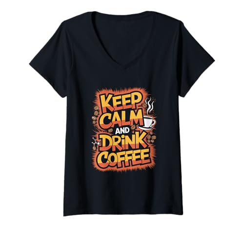 Damen Kaffee Liebhaber Keep Calm be Drink Coffee Koffein T-Shirt mit V-Ausschnitt von Kaffeeliebhaber and Guten Morgen Freunde