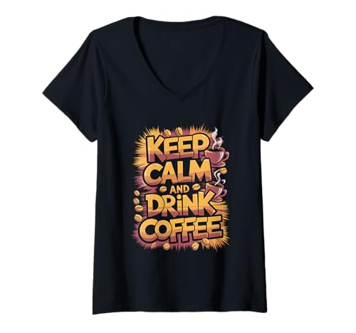 Damen Kaffee Liebhaber Keep Calm be Drink Coffee Koffein T-Shirt mit V-Ausschnitt Damen Kaffee Liebhaber Keep Calm be Drink Coffee Koffein T-Shirt mit V-Ausschnitt von Kaffeeliebhaber and Guten Morgen Freunde