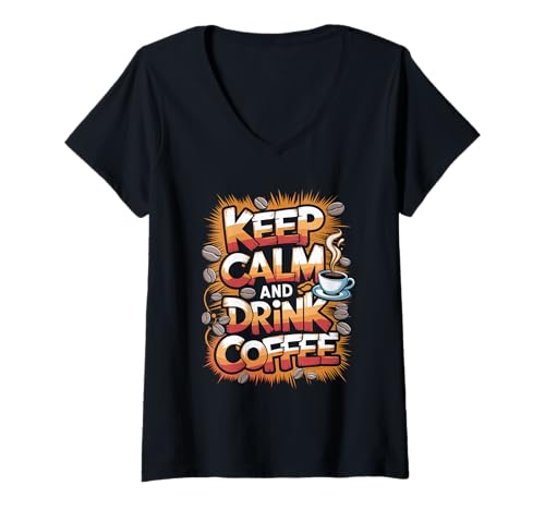 Damen Kaffee Liebhaber Keep Calm be Drink Coffee Koffein T-Shirt mit V-Ausschnitt von Kaffeeliebhaber and Guten Morgen Freunde