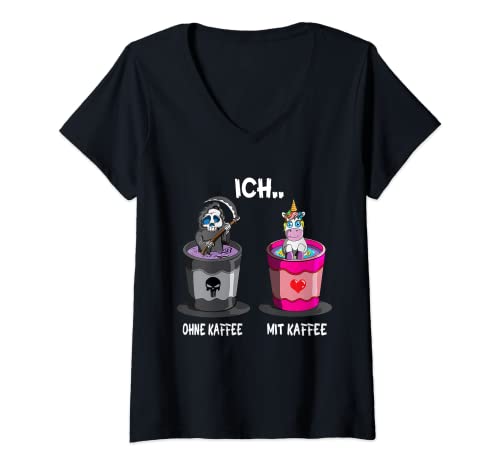 Damen Spruch Ich ohne Kaffee Ich mit Kaffee Kaffeetrinker Kaffee T-Shirt mit V-Ausschnitt Damen Spruch Ich ohne Kaffee Ich mit Kaffee Kaffeetrinker Kaffee T-Shirt mit V-Ausschnitt von Kaffeesorte Heißgetränk Koffeinhaltig Einhorn Fan