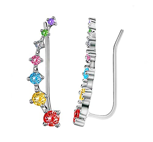 Kaguyo 7 Kristalle Ohrmanschetten Creolen Kletterohrringe, 925 Silber blau klar Regenbogen schwarz Zirkonia 2–5 mm glänzender Stern Ohrkletterohrringe für Frauen Mädchen (rainbow) von Kaguyo