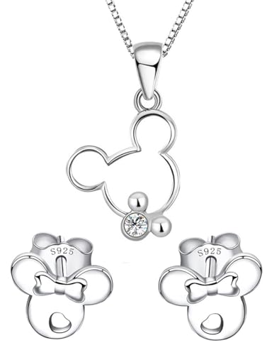 Kaguyo Schmucksets für Damen – Halskette mit Mickey-Mouse-Anhänger aus Sterlingsilber mit klarem Zirkonia und Minnie-Mouse-Ohrsteckern – Schmuckset für Damen und Mädchen – Geburtstagsgeschenk von Kaguyo