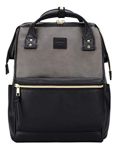 Kah&Kee Damen Leder Rucksack -Wasserdicht 15 Zoll Elegant Laptop-Taschen für Lehrerinnen & Büro-Arbeit, ideal für Reisen (Grau/Schwarz, mittel) von Kah&Kee