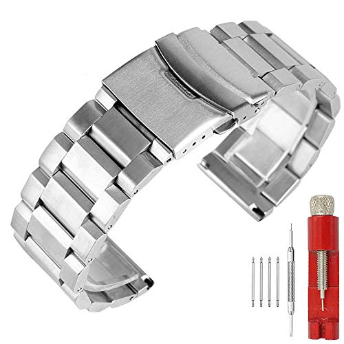 Kai Tian 18mm Solide Silber Edelstahl Uhrarmband Gebürstetes Metall Armbanduhr Uhrenband für Damen Herren Doppelschlösser Faltschließe Armband von Kai Tian