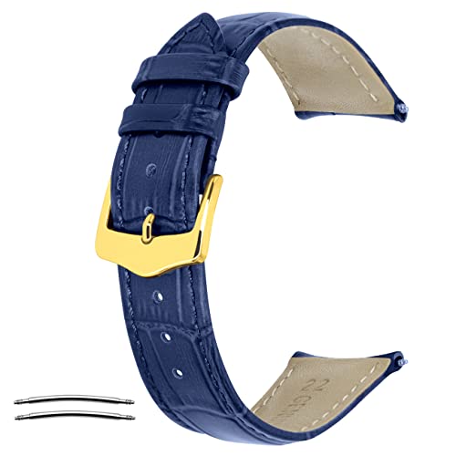 Kai Tian Elegantes Semi Gebogenes Ende 20mm Uhrenarmband aus Leder mit Edelstahl Gold Schließe Konisch Blau Uhr Armband für Männer Frauen von Kai Tian