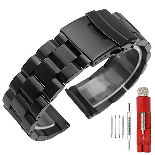 22mm Solide Schwarz Edelstahl Uhrarmband Gebürstetes Metall Uhrenband Doppelschlösser Faltschließe Armbanduhr für Damen Herren von Kai Tian