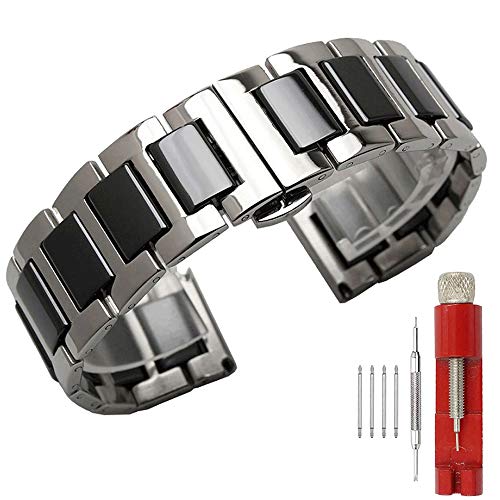 Kai Tian 16mm Uhrenarmbänder Edelstahl Silber Herren Armbanduhr Doppelschnalle Schwarz Keramik Uhrenarmband Ersatz Metallarmband Uhr von Kai Tian