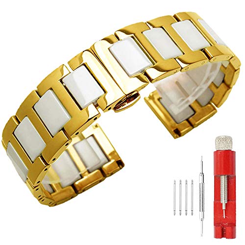 Kai Tian 18mm Weiß Keramik Armband Gold Edelstahl Uhrenband Alle Links Abnehmbares Ersatz Metall Uhrarmband mit Werkzeugen Two Tone Armbanduhr für Damen Herren von Kai Tian