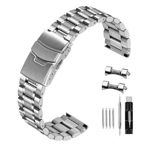 Kai Tian 20mm Edelstahl Uhrenarmband gebogenes Ende für Männer Frauen Metall Uhrenarmbänder Silber Armband Schnellspanner Ersatzarmband mit doppelter Faltschließe von Kai Tian