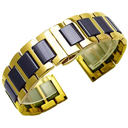 Kai Tian 22mm Schwarz Keramik Gold Edelstahl Armbanduhr für Damen Herren Uhrenband Alle Links Abnehmbares Ersatz Metall Uhrarmband mit Werkzeugen Armband von Kai Tian