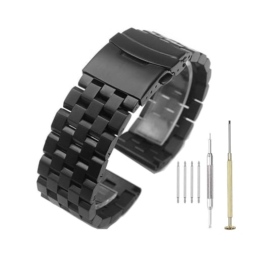 Kai Tian 24mm Schwarzer Ersatz-Armbandgürtel aus hochwertigem Edelstahl Solide Links Ingenieur Uhrenarmbänder Metall Darüber Falten Schnalle Uhrenarmband Armbanduhr für Damen Herren von Kai Tian
