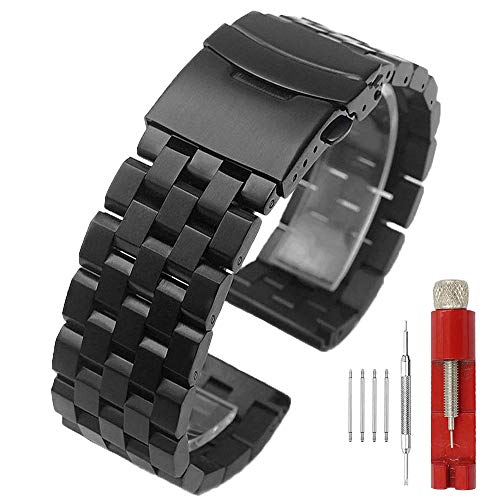 Kai Tian 26mm Schwarz Armbanduhr Matt 5 Reihen Doppelschlösser Edelstahl Uhrenarmband Ersatz Metall Band für Männer Frauen Armband für Damen Herren von Kai Tian