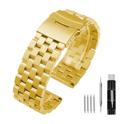 Kai Tian 5 Reihen Edelstahl Uhrenarmband 20mm Metall Uhr Ersatzband mit Einsatzverschluss Uhrenarmbändern für Männer Frauen Gold von Kai Tian