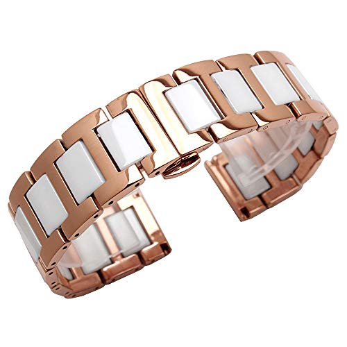 Kai Tian Two Tone Armbanduhr 18mm Weiß Keramik Armband für Damen Herren Roségold Edelstahl Uhrenband Alle Links Abnehmbares Ersatz Metall Uhrarmband mit Werkzeugen von Kai Tian