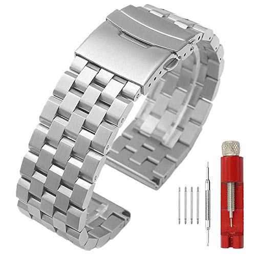 Kai Tian Silber Prämie Matt 5 Reihen Armbanduhr 18mm Doppelschlösser Edelstahl Uhrenarmband für Damen Herren Ersatz Metall Uhrenband Band Armband von Kai Tian