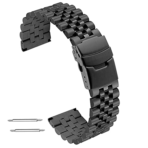 Kai Tian Edelstahl Uhrenarmband 20mm Schwarz Metall Super 3-Dimensional Rundes Robustes Uhrenarmbänder Metall armband mit Doppelschloss Taucherschließe für Frauen Männer von Kai Tian