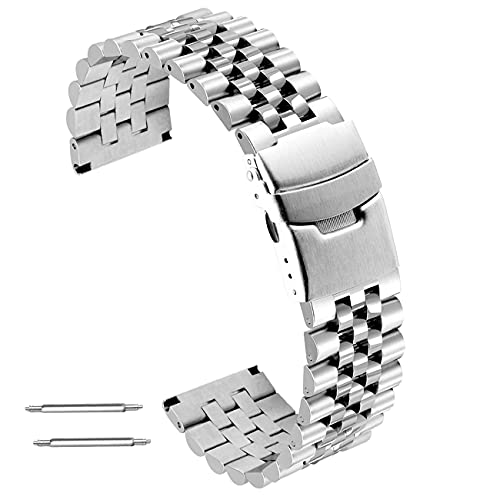 Kai Tian Edelstahl Uhrenarmband 24mm Silber Metall Super 3-Dimensional Rundes Robustes Uhrenarmbänder Metall armband mit Doppelschloss Taucherschließe für Frauen Männer von Kai Tian