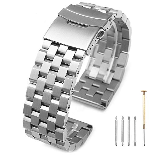 Kai Tian 20mm Armbanduhr silbernes Armband Band Bügel Wiedereinbau Ingenieur Edelstahl Uhrenarmband für Damen Herren Einsatz Wölbungs Doppelt-Verschlüsse 5 Reihen-Metallbügel von Kai Tian