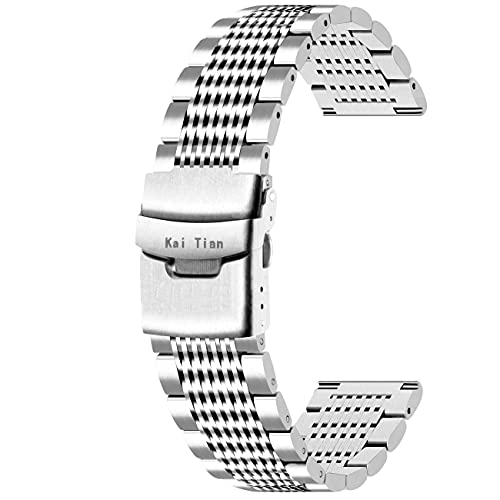 Kai Tian Premium 20mm Silber Edelstahl Uhrarmband Mesh Doppelschlösser Faltschließe Uhrenarmband Ersatz Metall Armband Armbanduhr für Damen Herren von Kai Tian