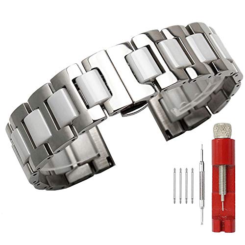Kai Tian Armbanduhr für Damen Herren Two Tone 14mm Weiß Keramik Armband Silber Edelstahl Uhrenband Alle Links Abnehmbares Ersatz Metall Uhrarmband mit Werkzeugen von Kai Tian