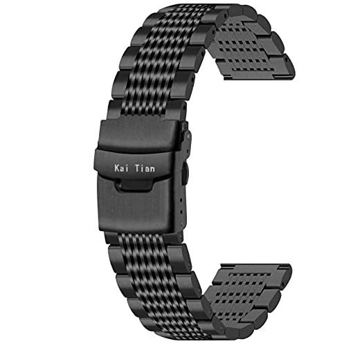 Kai Tian Premium 20mm Schwarz Edelstahl Uhrarmband Mesh Uhrenband Doppelschlösser Faltschließe Armbanduhr Ersatz Metall Armband für Damen Herren von Kai Tian