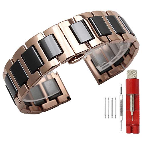 Kai Tian Schwarz Keramik Armband Two Tone 18mm Roségold Edelstahl Uhrenband Alle Links Abnehmbares Ersatz Metall Uhrarmband für Damen Herren mit Werkzeugen Armbanduhr von Kai Tian