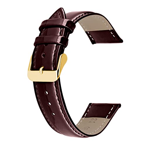 Kai Tian Uhrenarmband aus Echtem Glänzendem Leder für Männer und Frauen Dunkel Rot mit Gold Schnalle 14mm von Kai Tian