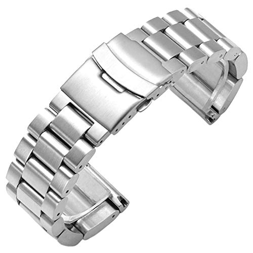 Kai Tian Superdickes und robustes Uhrenarmband für Damen Herren 22mm Armbanduhr silbernes Edelstahl-Uhrenarmband im klassischen Stil mit doppelter Faltschließe Metall Armband von Kai Tian