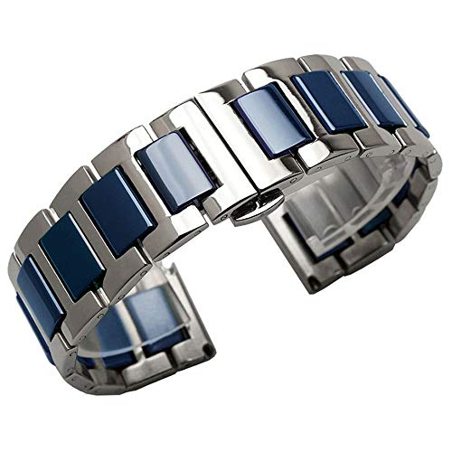 Kai Tian Two Tone Armbanduhr 16mm Blau Keramik Armband Silber Edelstahl Uhrenband Alle Links Abnehmbares Ersatz Metall Uhrarmband für Damen Herren mit Werkzeugen von Kai Tian
