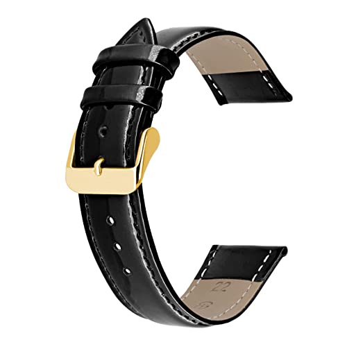Kai Tian Uhrenarmband aus Echtem Glänzendem Leder für Männer und Frauen Schwarz mit Gold Schnalle 14mm von Kai Tian