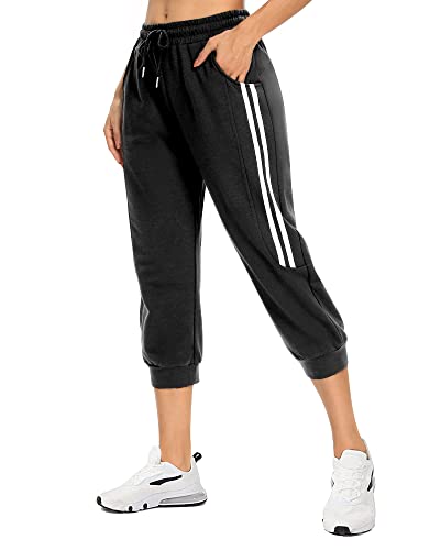 Damen Sommer Capri Jogger Athletic High Waist Crop Pants mit Taschen Workout Athletic Yoga Laufen Freizeitkleidung, Schwarz (1), Mittel von KaiDi