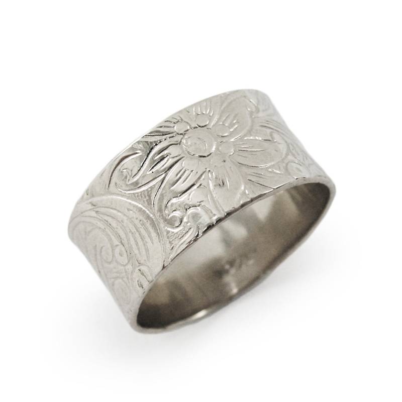 Blumiger Ehering. Weißgold Breiter Trauring. Blumen 9mm - 14K Weißgoldring(Gr-9064-653 von KaiJewelry585