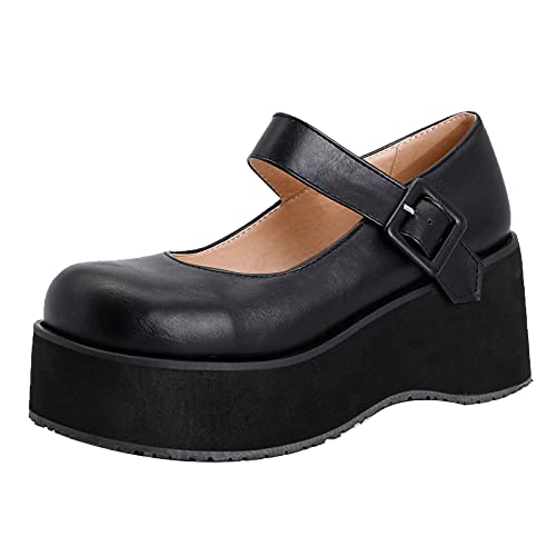 KaieeKeio Damen Riemchen Gothic Chunky Heel Pumps Knöchelriemchen Plateau Schuhe mit Absatz Thick Sole Sanft Leder Schuhe Black Große 37 Asiatisch von KaieeKeio