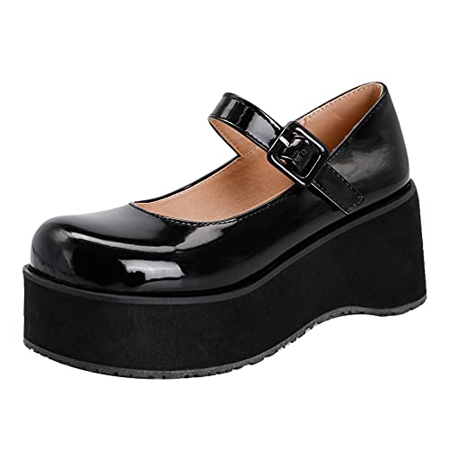 KaieeKeio Damen Riemchen Mary Jane Goth Plateau Blockabsatz Lolita Cosplay Schuhe Gothic Pumps Knöchelriemchen Freizeit Schuhe Black Große 39 Asiatisch von KaieeKeio