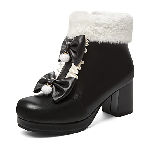 KaieeKeio Damen Süss Lolita Schuhe Cosplay Chunky Absatz Knöchel SKrawattefel Seite Reißverschlussper Bogen Winter SKrawattefelettens Schwarz 38 Asiatisch von KaieeKeio