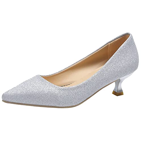 KaieeKeio Damen Vintage Kitten Heel Pumps Glitzer Pointed Toe Party Schuhe Asiatisch Kleid Abend Schuhe Zum Damen Braut Bride Silver Große 39 Asiatisch von KaieeKeio