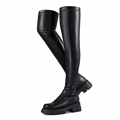 KaieeKeio Damen's Plateau Oberschenkel Stiefel Stretch Over The Knee Stiefelettens Langschaft Stretch Stiefel Chunky Heel Oberschenkel Stiefel Black Asiatisch 38 von KaieeKeio