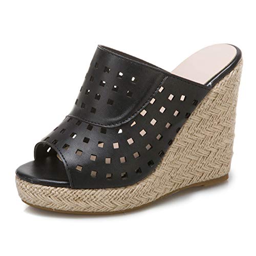 KaieeKeio Keilabsatzs Mules Pantoletten Damen Plateau Open Toe sandaletten High Wedges Cut Out Sommer Schuhe sandaletten Black size 36 Asiatisch von KaieeKeio