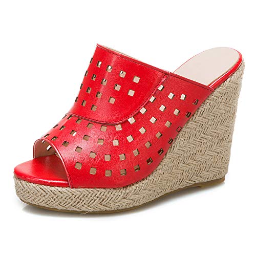 KaieeKeio Keilabsatzs Mules Pantoletten Damen Plateau Open Toe sandaletten High Wedges Cut Out Sommer Schuhe sandaletten Red size 48 Asiatisch von KaieeKeio