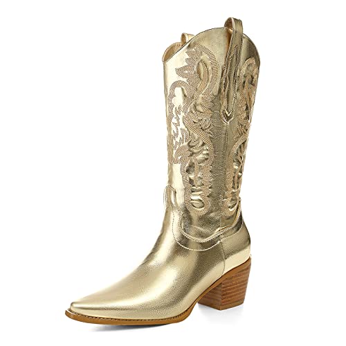 KaieeKeio Metallic Embroiderded Wide Calf Cowboy Stiefel for Damen Kniehoch Stacked Heel Cowgirl Stiefel Sparkly Pointed Toe Western Stiefelettens Gold Mark Große 7 von KaieeKeio