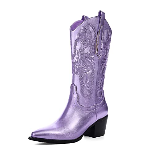 KaieeKeio Metallic Embroiderded Wide Calf Cowboy Stiefel for Damen Kniehoch Stacked Heel Cowgirl Stiefel Sparkly Pointed Toe Western Stiefelettens Purple Mark Große 7 von KaieeKeio