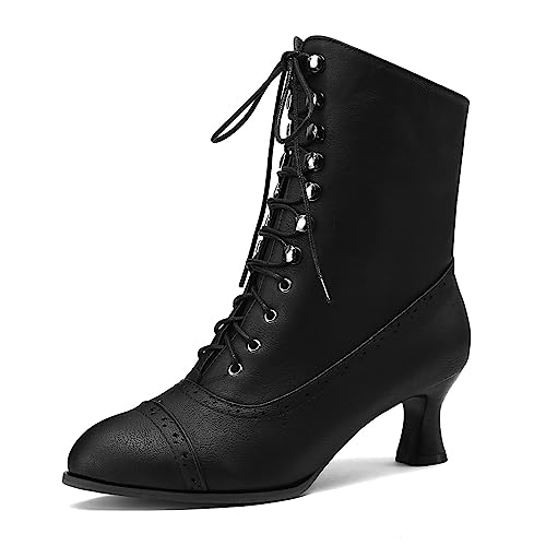 KaieeKeio Vintage Viktorianische Stiefel for Damen Schnüren Kitten Heel Steampunk Stiefelettens Pointed Toe Knöchel Stiefel with Reißverschlussper Black Mark Große 36 von KaieeKeio