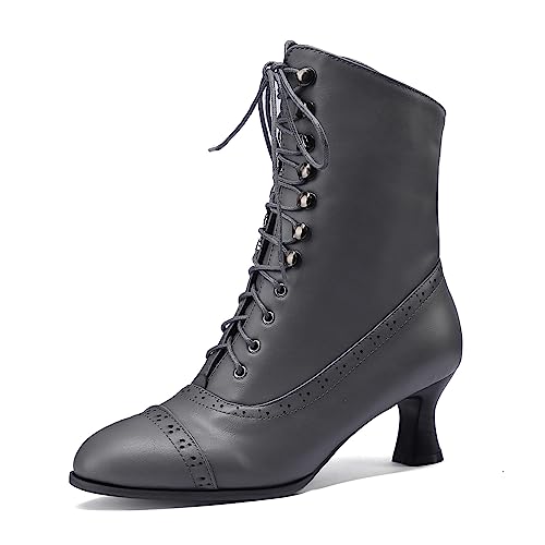 KaieeKeio Vintage Viktorianische Stiefel for Damen Schnüren Kitten Heel Steampunk Stiefelettens Pointed Toe Knöchel Stiefel with Reißverschlussper Gray Mark Große 39 von KaieeKeio