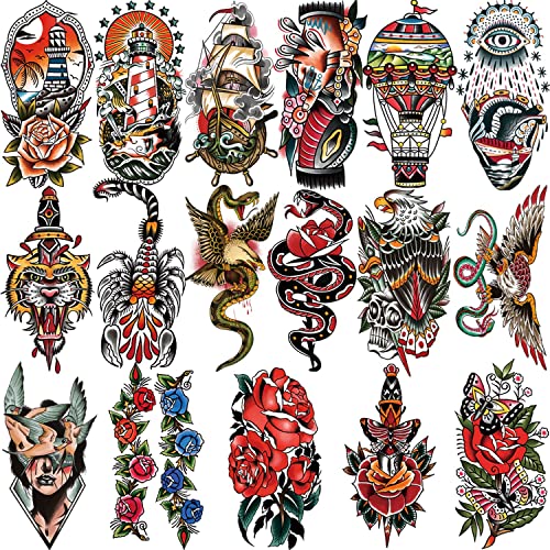 77 Blatt wasserdichtes temporäres Tattoo für Frauen oder Männer, 17 Blatt größere halbe Arme, Wolf, Blume, Schlange, gefälschte Tattoos für Jungen oder Mädchen und 60 Blatt, kleine Tattoo-Aufkleber von Kaieteur
