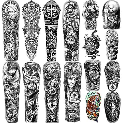 Temporäre Tattoos Vollarm 8 Blatt und Halbarm Gefälschte Tattoos 8 Blatt, extra große wasserdichte Tattoo-Aufkleber für Männer und Frauen oder Erwachsene (58X18cm) von Kaieteur