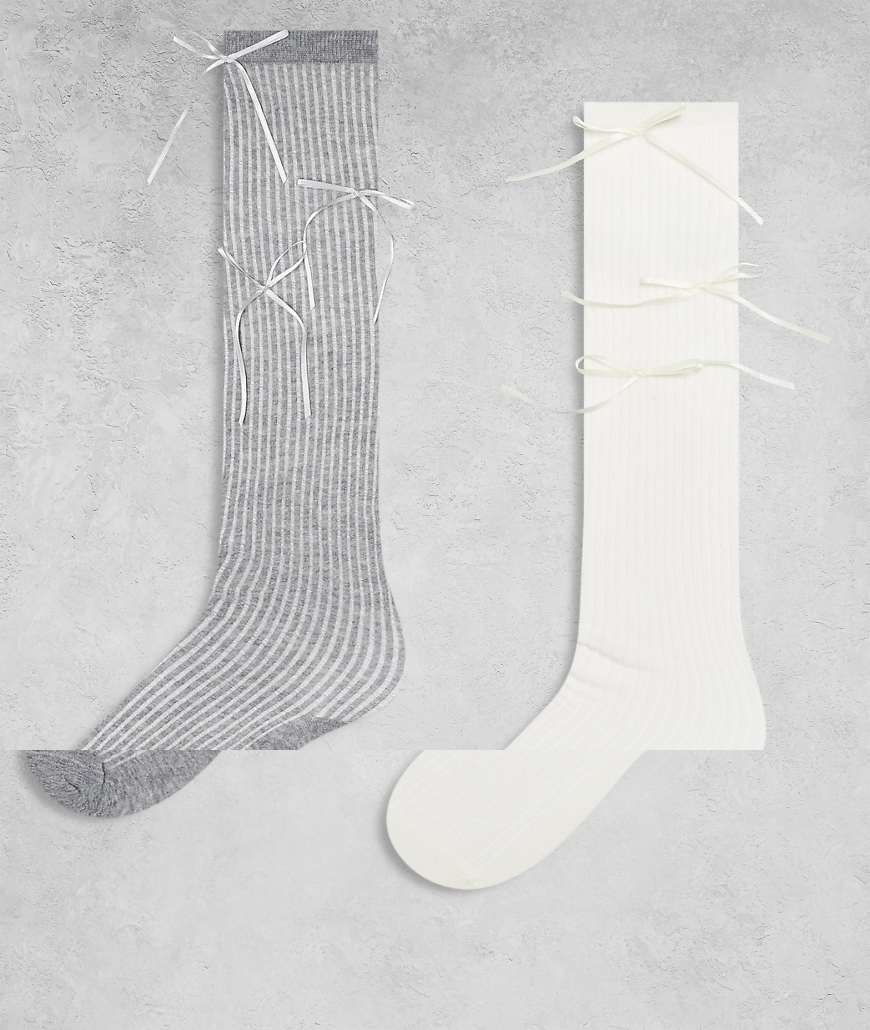 Kaiia - 2er-Pack exklusive, gerippte Kniestrümpfe in Gelb und Grau mit Satinschleifen-Bunt von Kaiia