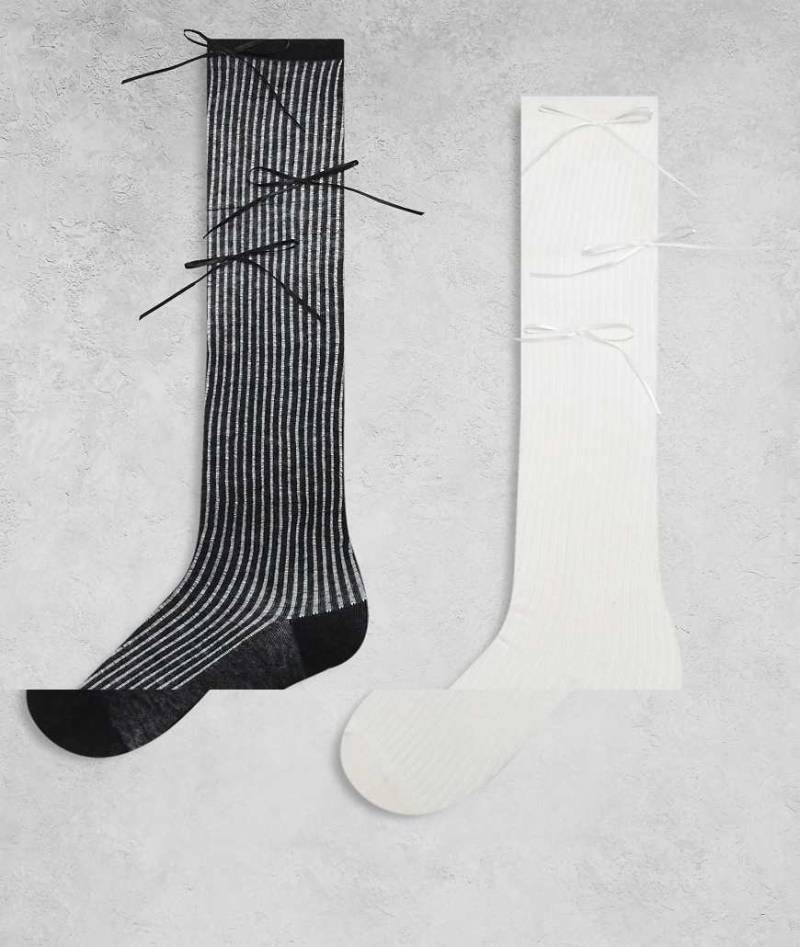 Kaiia - 2er-Pack exklusive, gerippte Kniestrümpfe in Schwarz und Weiß mit Satinschleifen-Bunt von Kaiia