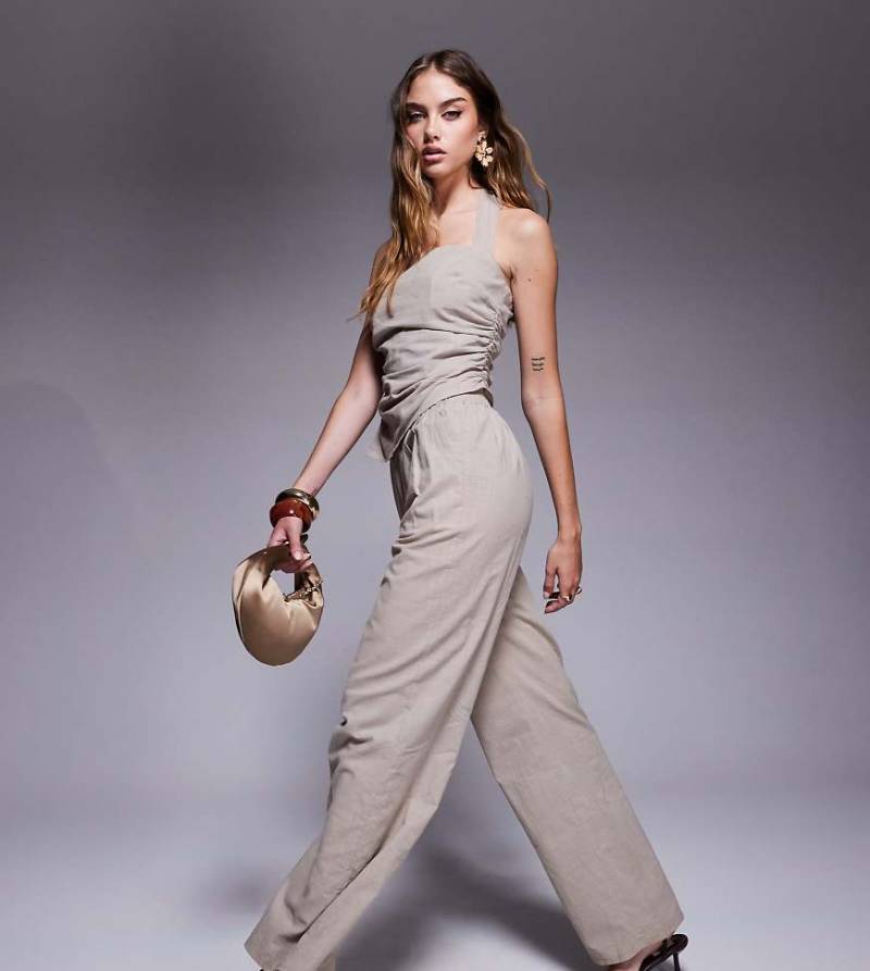 Kaiia - Exklusive, elegante Leinen-Hose in Kaffeebraun mit weitem Bein mit elastischem Bund, Kombiteil von Kaiia
