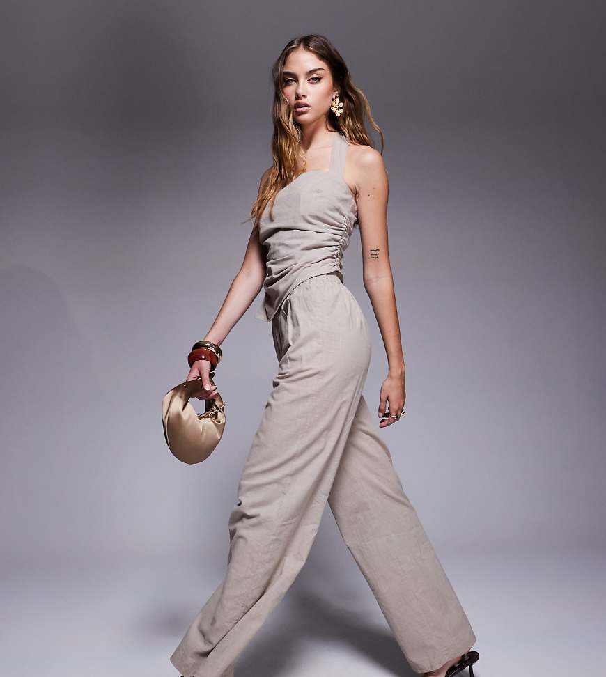 Kaiia - Exklusive, elegante Leinen-Hose in Kaffeebraun mit weitem Bein mit elastischem Bund, Kombiteil von Kaiia